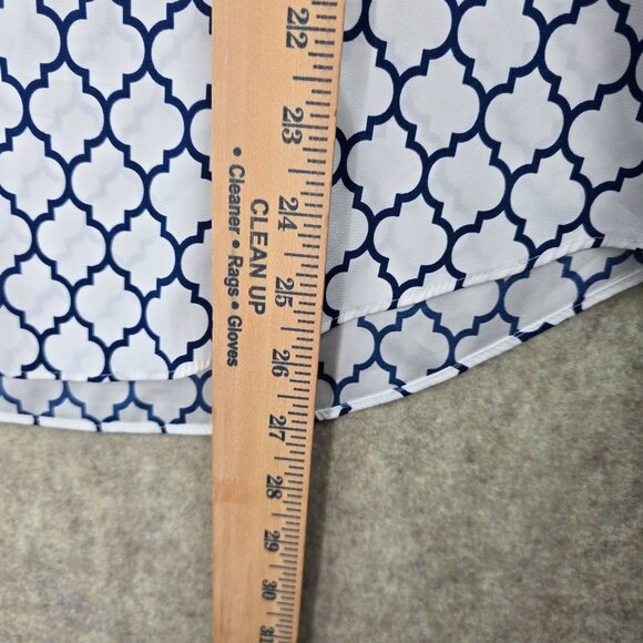 Express Womens Blue White Patterned Zipper Front Cap Sleeve Blouse Size M - Picture 6 of 7